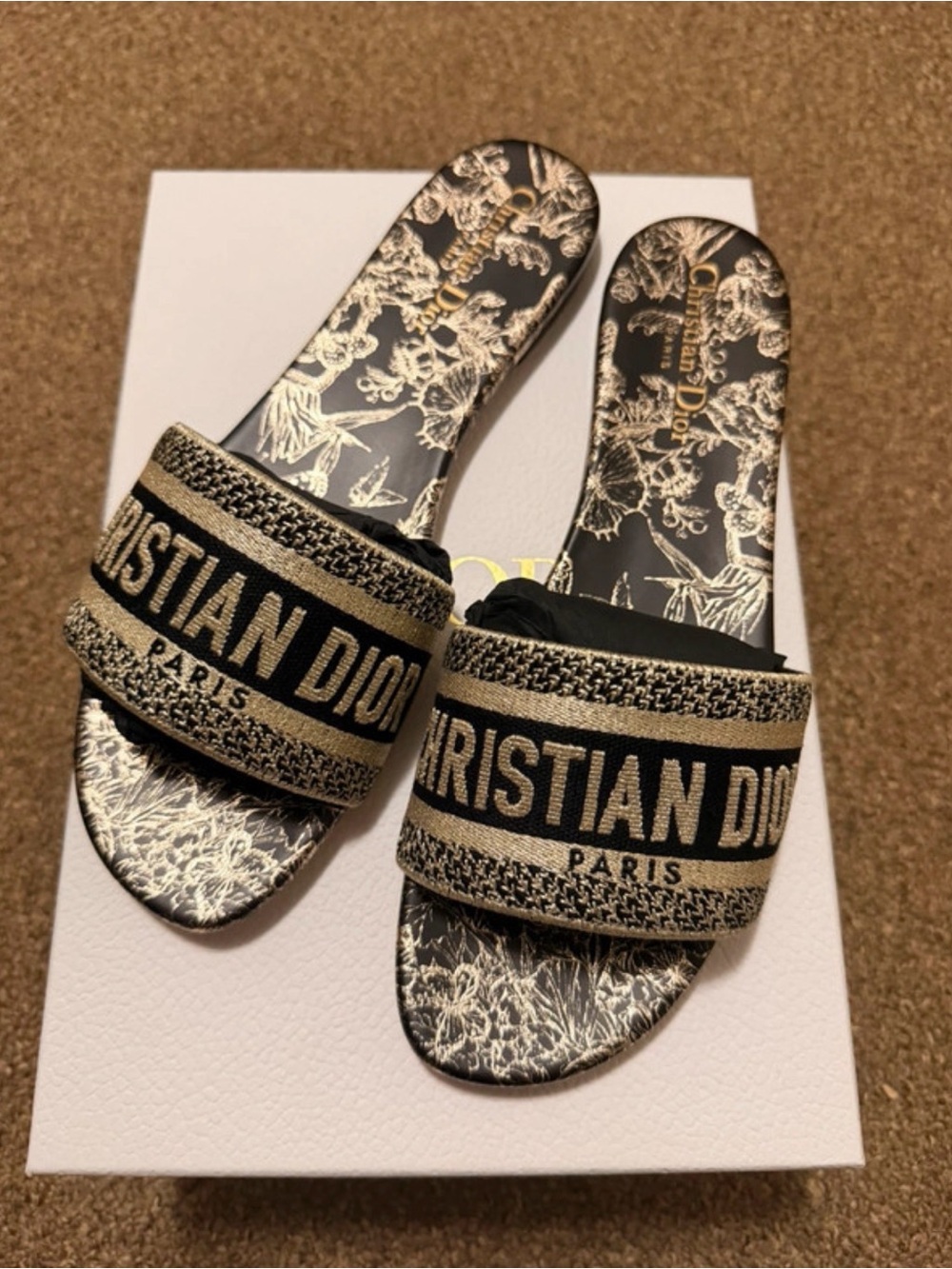Dior Black and Gold Embroidered Logo Slide Mules